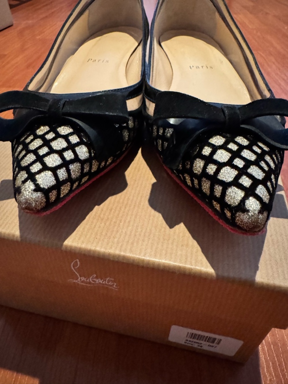 Christian Louboutin Floque Women's Glitter Flats with Bow - Picture 6 of 9
